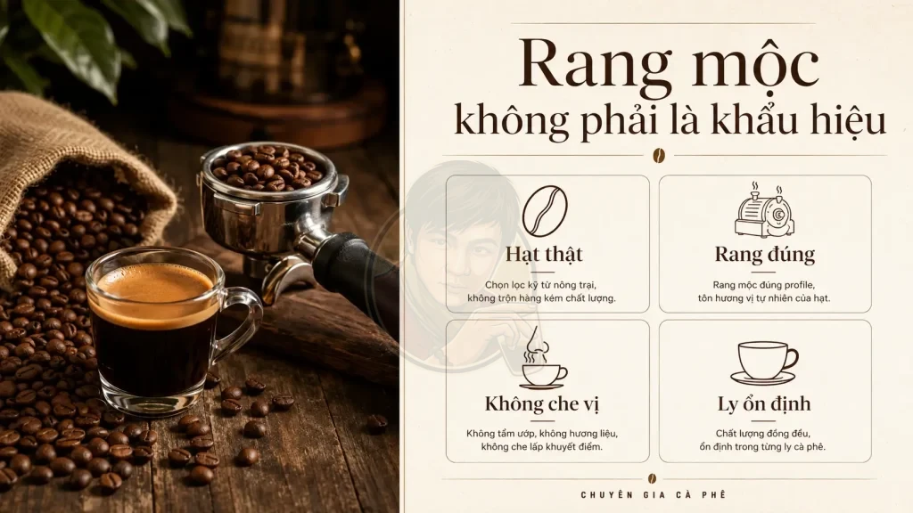 Cà phê rang mộc là cam kết giữ vị thật của hạt, rang đúng và tạo ly cà phê ổn định.