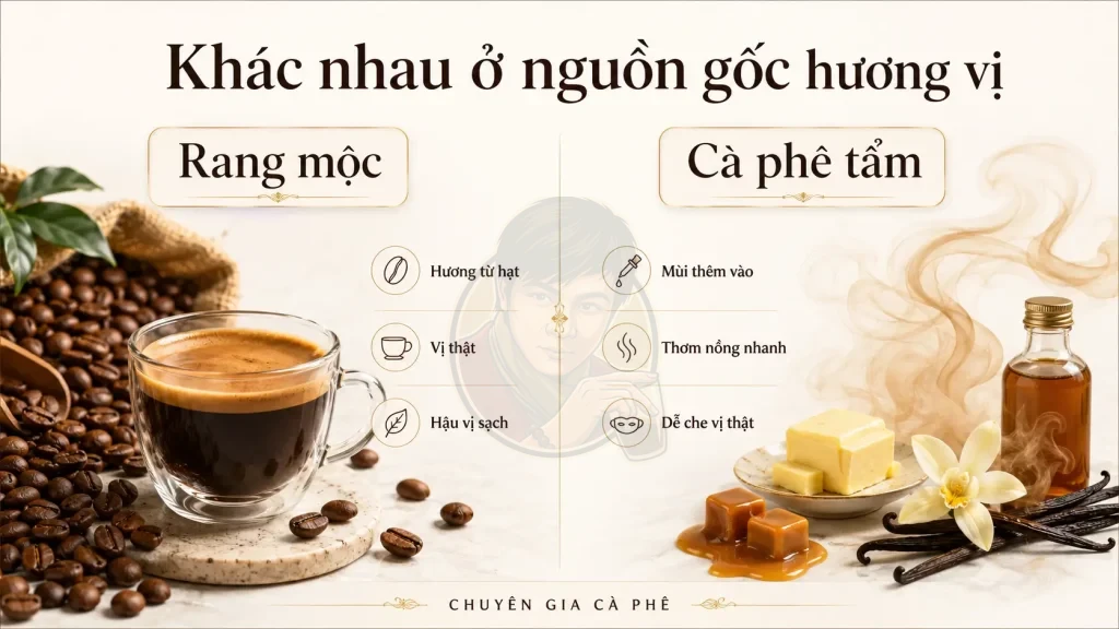 So sánh cà phê rang mộc và cà phê tẩm qua nguồn gốc hương vị, mùi thơm và hậu vị.
