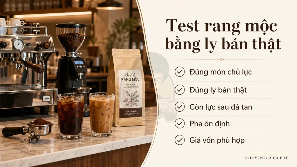 Checklist test cà phê rang mộc cho quán bằng ly bán thật, đá sữa thực tế và khả năng pha ổn định.