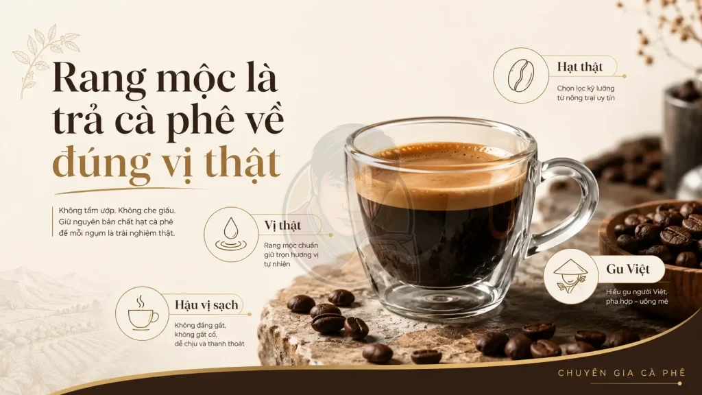 Cà phê rang mộc giữ vị thật của hạt, hậu vị sạch và phù hợp gu cà phê Việt Nam.