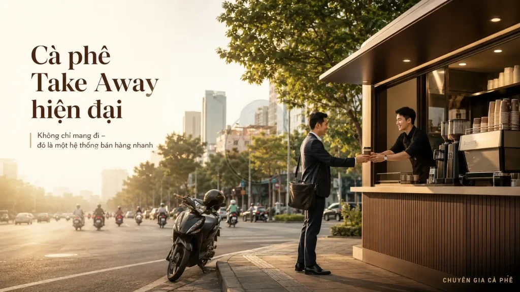 Mô hình cà phê Take Away hiện đại phục vụ khách hàng đô thị tại Việt Nam.