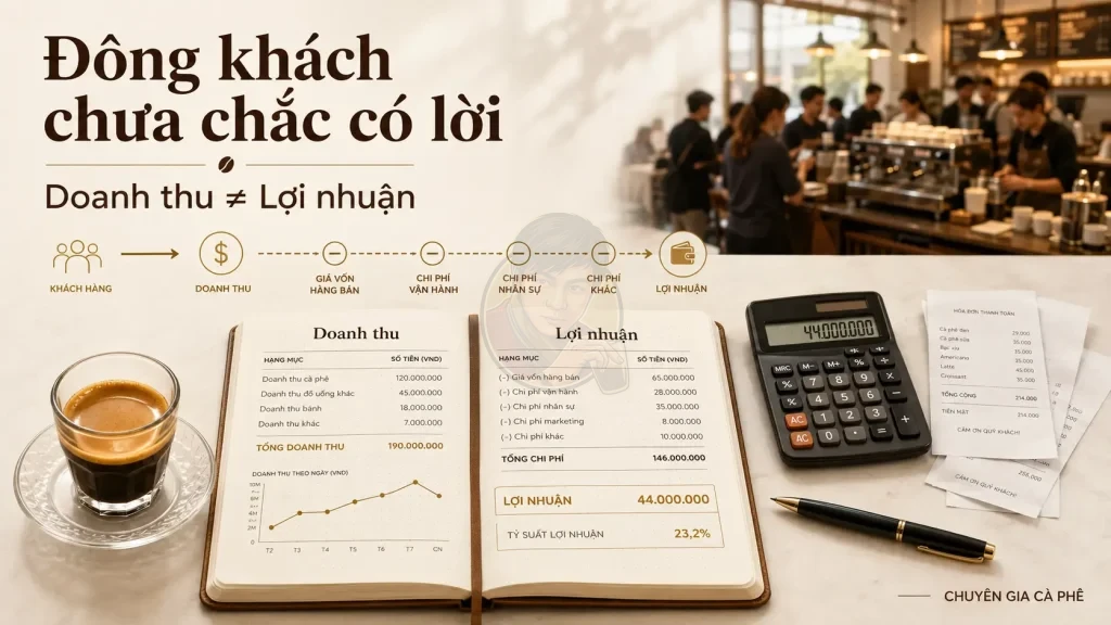 Quán cà phê đông khách nhưng không có lợi nhuận vì doanh thu không bằng lợi nhuận thực tế.