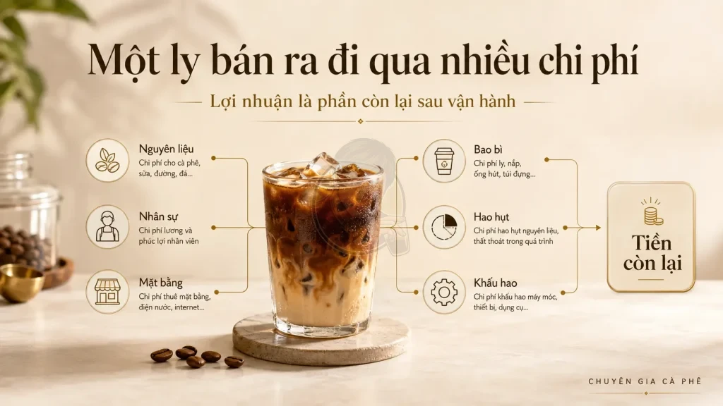 Infographic chi phí vận hành quán cà phê và lợi nhuận còn lại sau mỗi ly bán ra.
