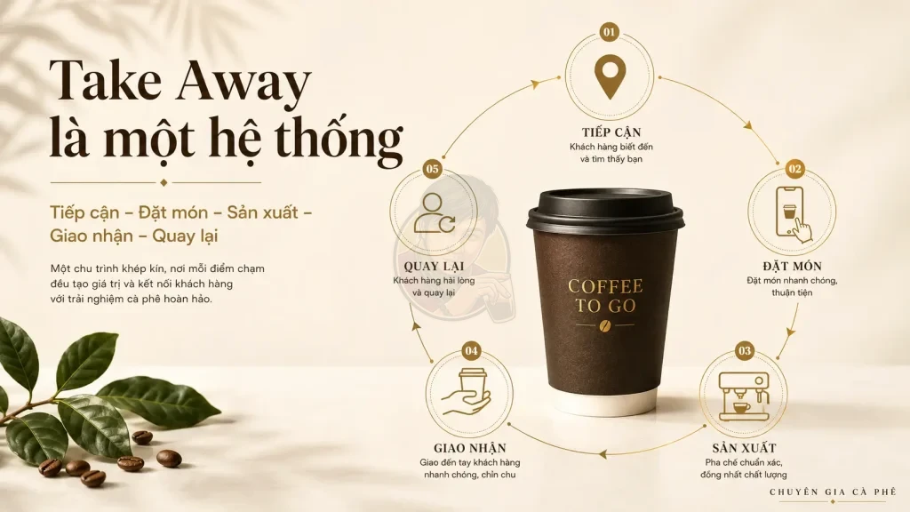 Sơ đồ hệ thống vận hành mô hình cà phê Take Away từ tiếp cận đến khách hàng quay lại.