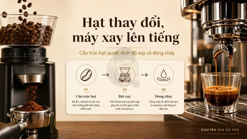 Cấu trúc hạt cà phê sau rang ảnh hưởng đến độ xay và dòng chảy espresso trong pha máy.