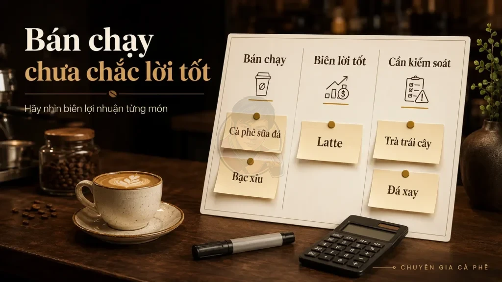 Menu quán cà phê phân tích món bán chạy và món có biên lợi nhuận tốt.