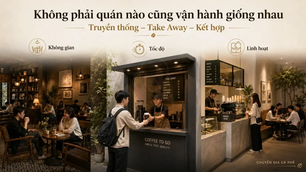 So sánh quán cà phê truyền thống, mô hình Take Away và cửa hàng cà phê kết hợp.