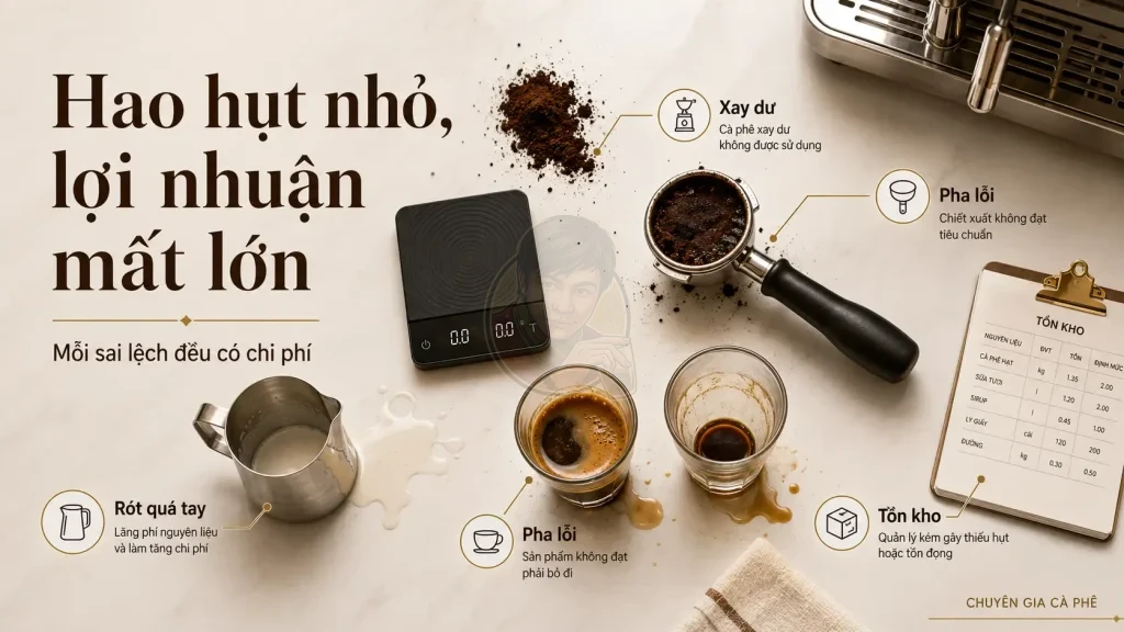 Hao hụt nguyên liệu trong quán cà phê làm giảm lợi nhuận dù quán đông khách.