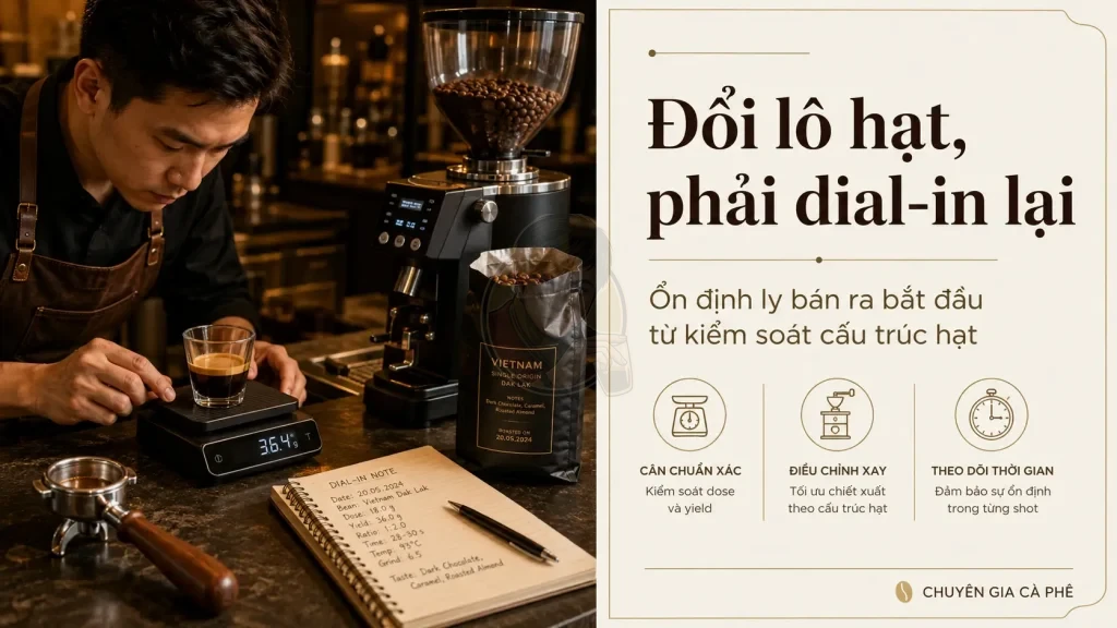 Barista dial-in espresso khi đổi lô cà phê rang mộc để kiểm soát chiết xuất ổn định.