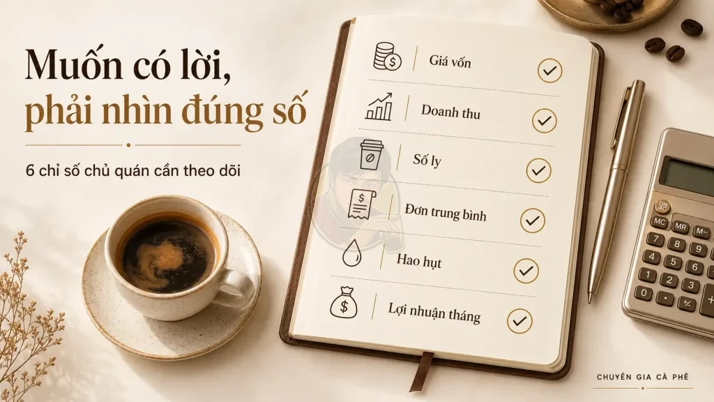 Checklist quản lý lợi nhuận quán cà phê với các chỉ số doanh thu, giá vốn và hao hụt.