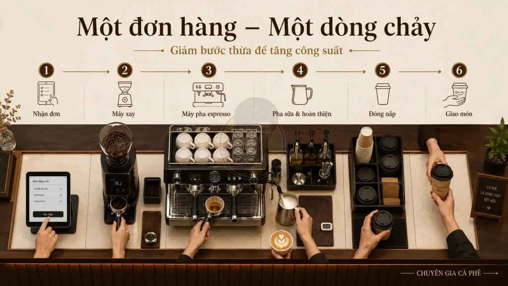 Quy trình vận hành quầy pha chế cà phê Take Away từ nhận đơn đến giao món.