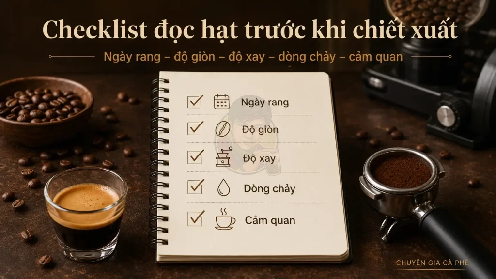 Checklist kiểm tra hạt cà phê sau rang trước khi xay và chiết xuất espresso tại quán.