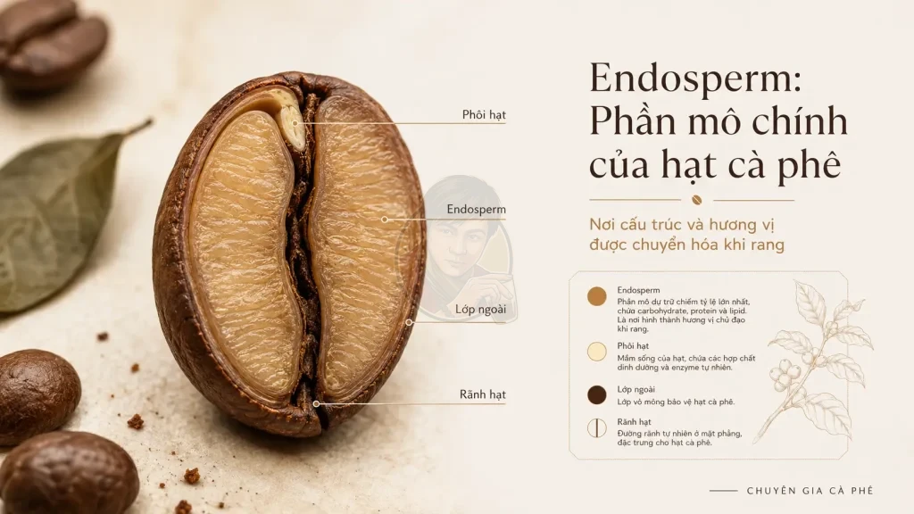 Bản đồ endosperm trong hạt cà phê cho thấy phần mô chính thay đổi trong quá trình rang.