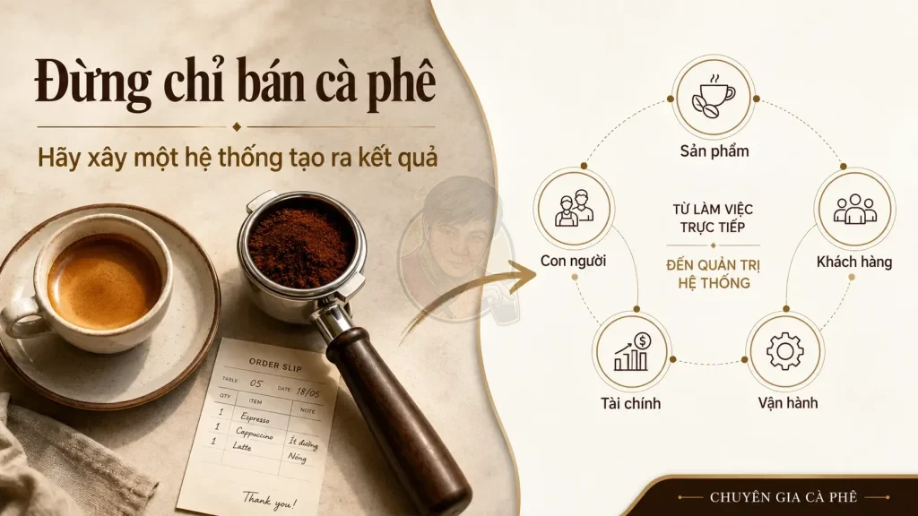 Tư duy kinh doanh hệ thống quán cà phê gồm sản phẩm, khách hàng, vận hành, tài chính và con người.