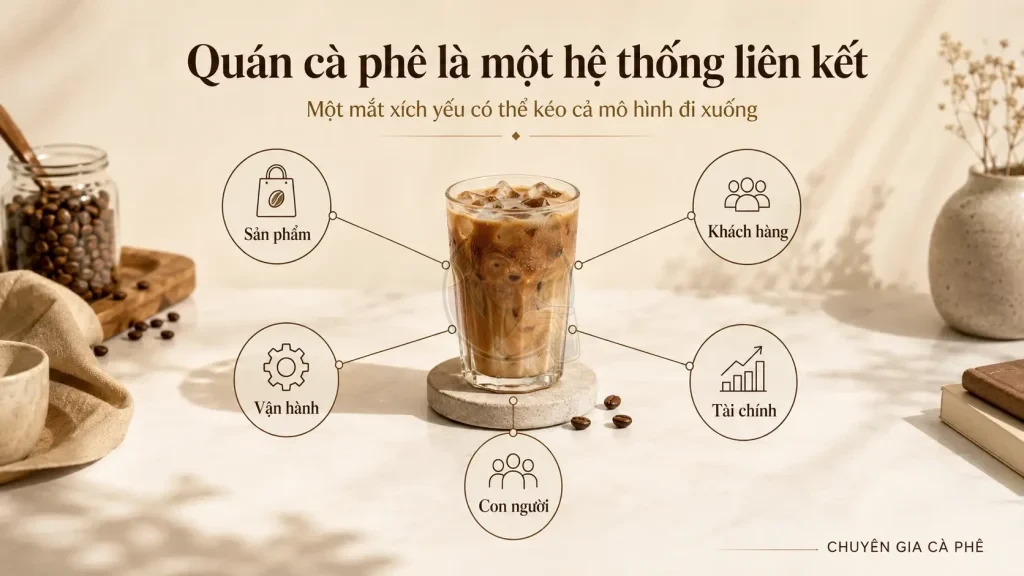 Sơ đồ hệ thống quán cà phê liên kết sản phẩm, khách hàng, vận hành, tài chính và nhân sự.