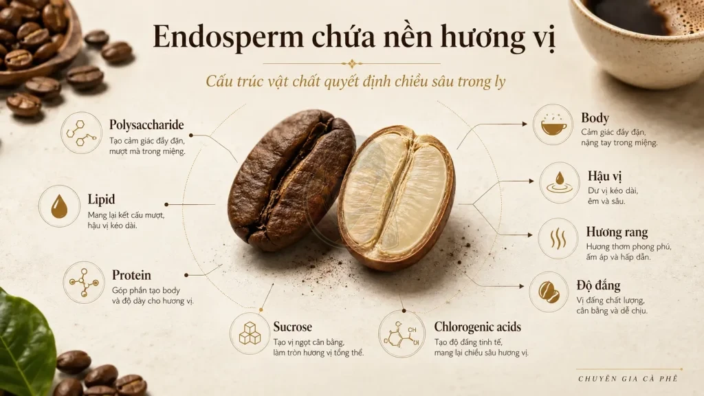 Endosperm hạt cà phê chứa các tiền chất hương vị như polysaccharide, lipid, protein, sucrose và chlorogenic acids.