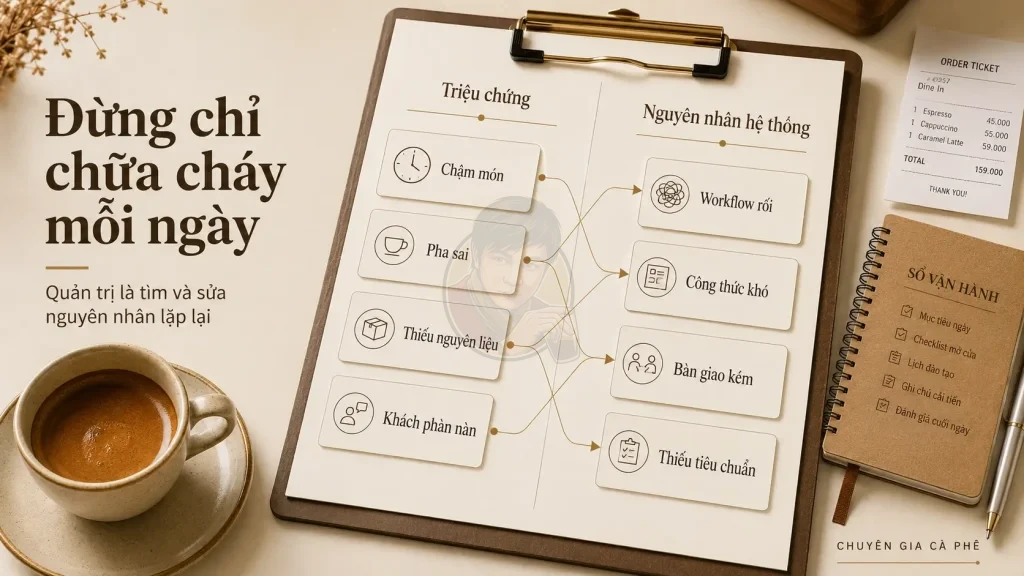 Quản trị hệ thống quán cà phê giúp tìm nguyên nhân của lỗi pha chế, chậm món và thiếu nguyên liệu.