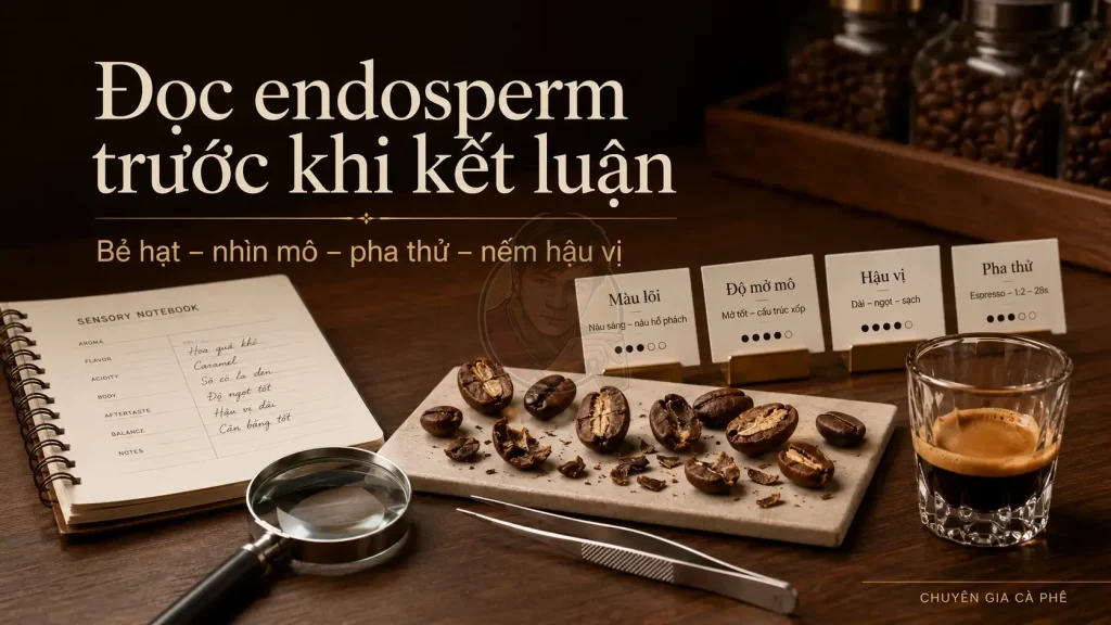 Kiểm tra endosperm hạt cà phê sau rang bằng cách bẻ hạt, quan sát lõi và pha thử espresso.