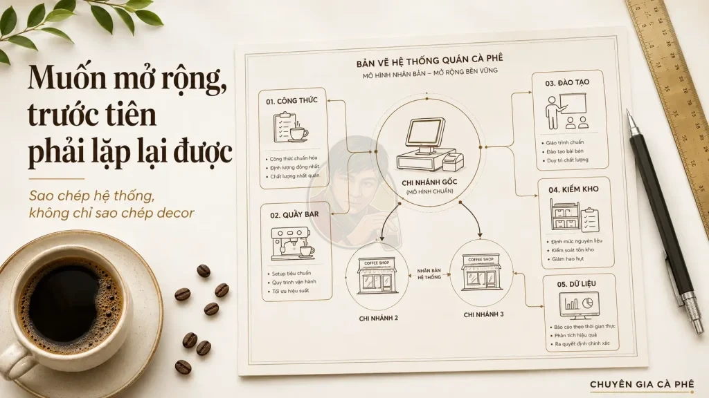 Mô hình quán cà phê có thể nhân rộng nhờ chuẩn hóa công thức, đào tạo, vận hành và kiểm soát dữ liệu.