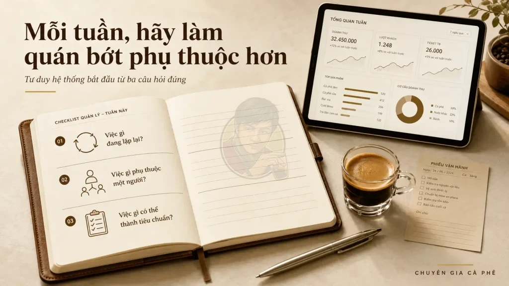 Ba câu hỏi quản trị giúp chủ quán cà phê phát hiện công việc lặp lại, điểm phụ thuộc và cơ hội chuẩn hóa.