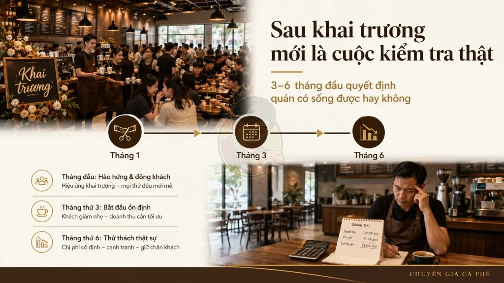 Quán cà phê chết sau 3–6 tháng khi hiệu ứng khai trương giảm và doanh thu thực tế không đủ duy trì.