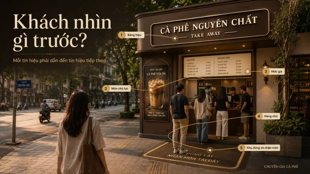 Đường quan sát của khách hàng khi tiếp cận quầy cà phê Take Away.