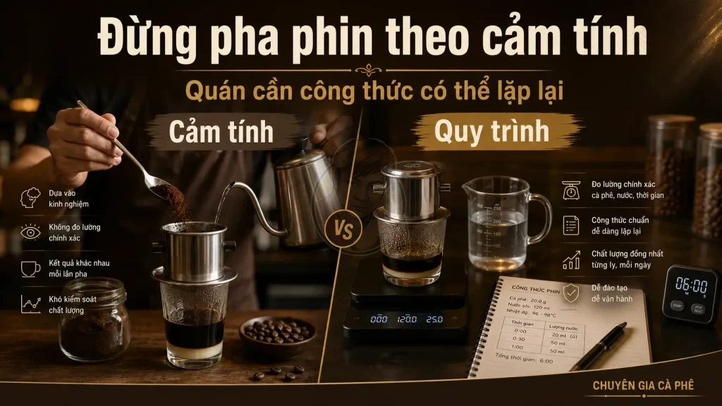 So sánh pha phin theo cảm tính và pha phin theo quy trình trong quán cà phê.