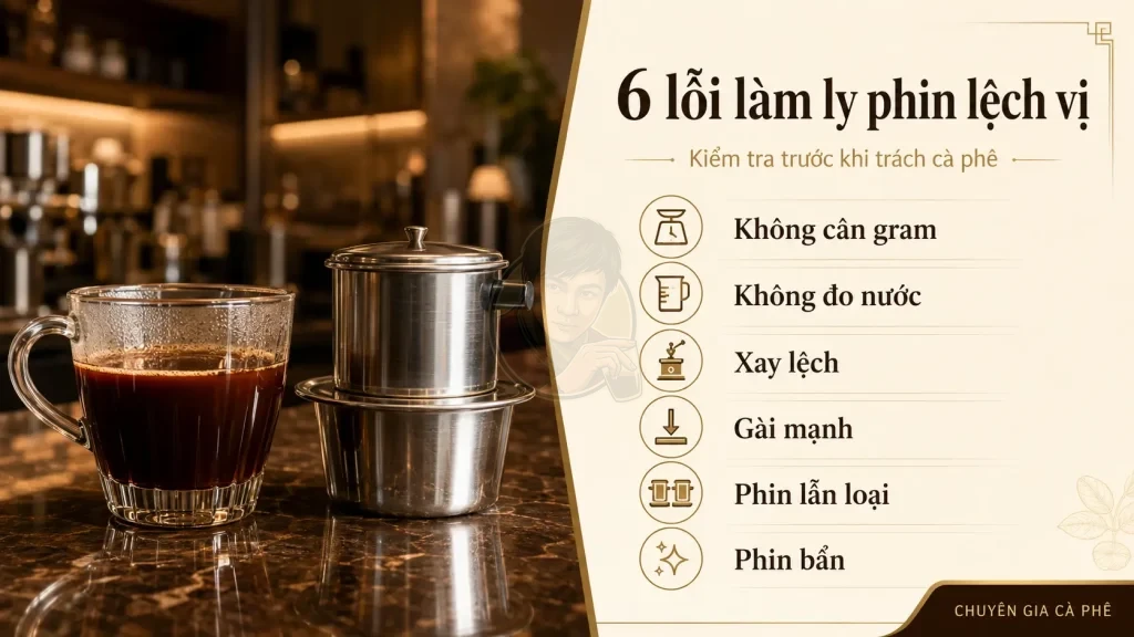 Checklist lỗi vận hành khi pha phin tại quán làm cà phê thiếu ổn định.