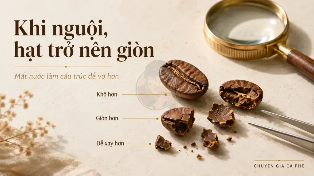 Hạt cà phê sau rang nguội trở nên giòn hơn do mất nước và chuyển trạng thái vật liệu.