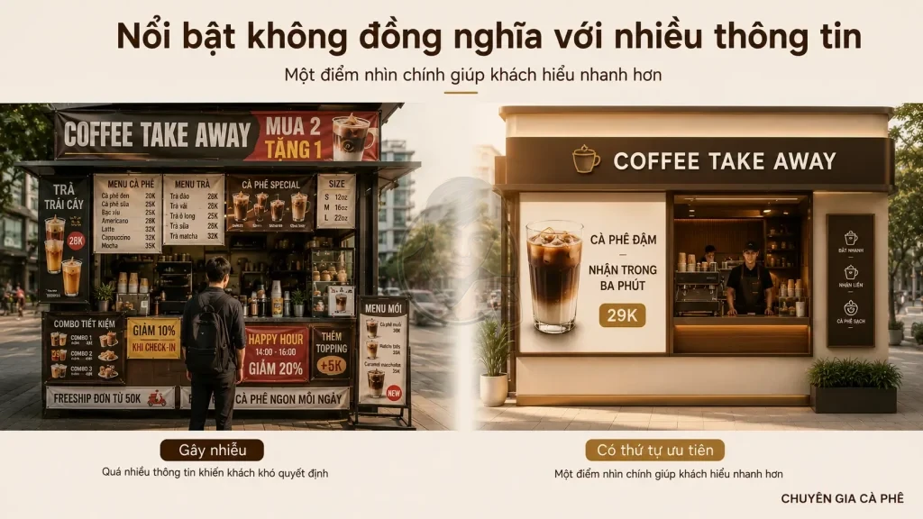 So sánh mặt tiền quán cà phê Take Away rõ ràng và mặt tiền có quá nhiều thông tin.