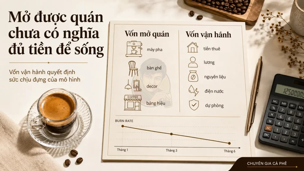 Vốn vận hành quán cà phê gồm tiền thuê, lương, nguyên liệu và chi phí duy trì trong 3–6 tháng đầu.