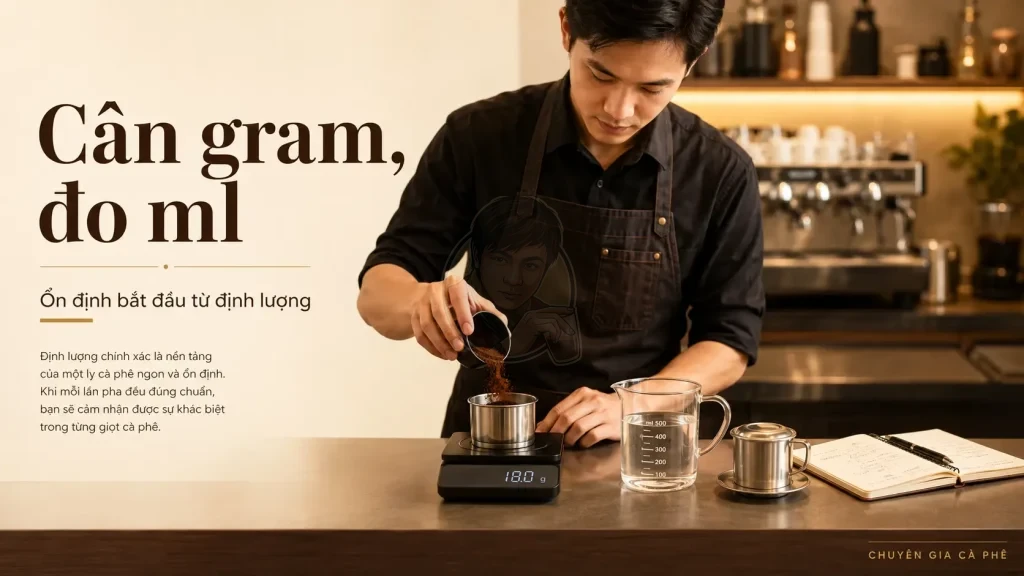 Barista cân cà phê và đo nước để pha phin ổn định tại quán.