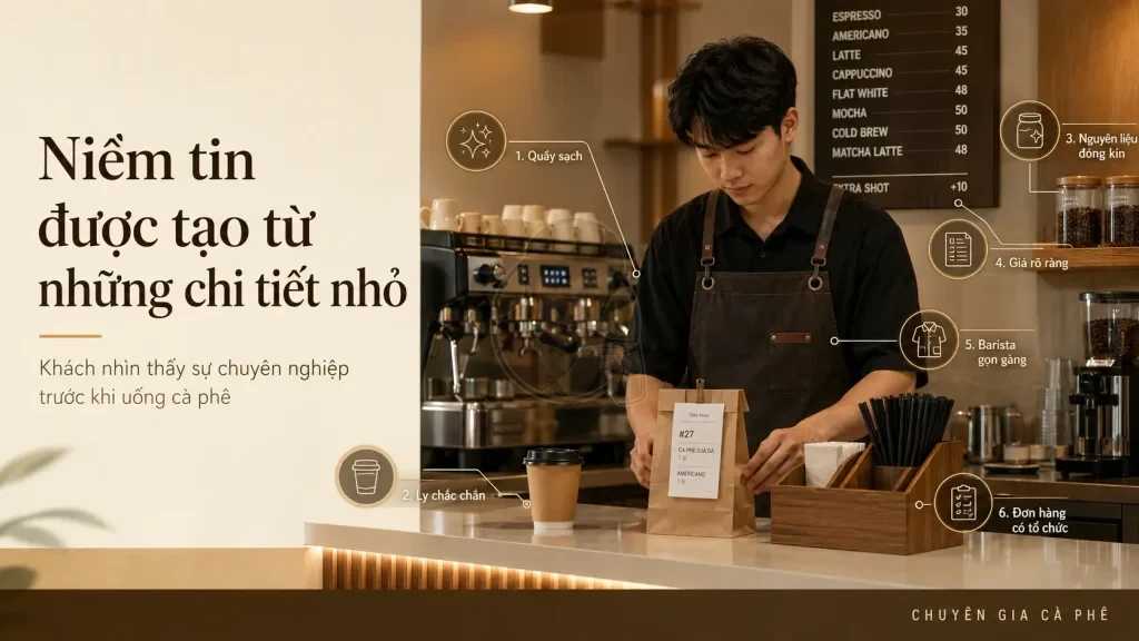 Các tín hiệu tạo niềm tin nhanh tại quầy cà phê Take Away.