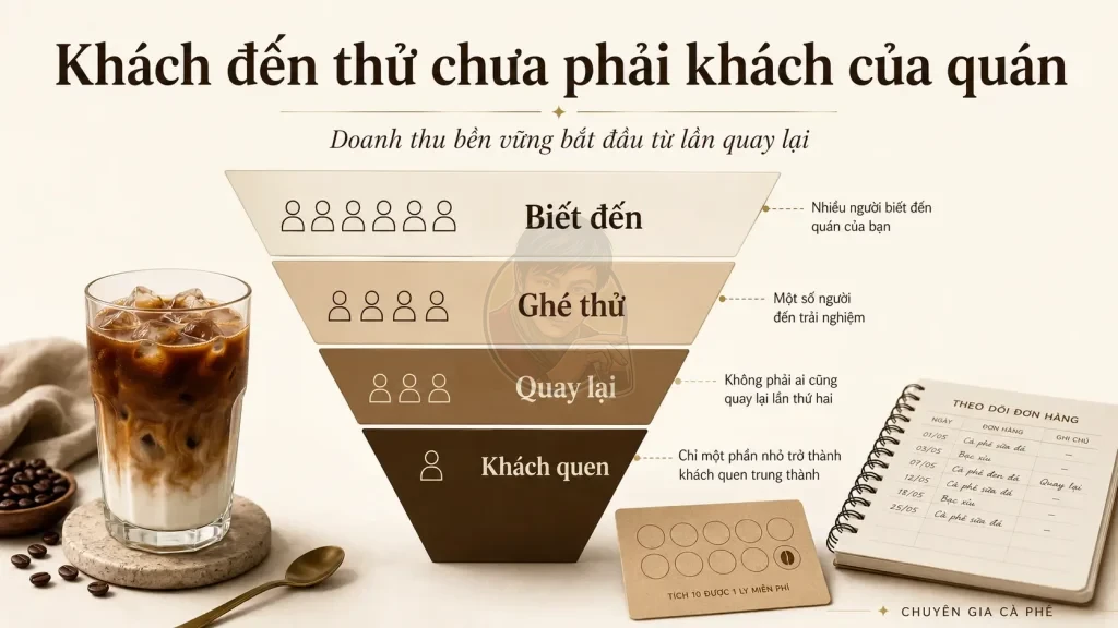 Phễu khách hàng quán cà phê từ ghé thử đến quay lại và trở thành khách quen.