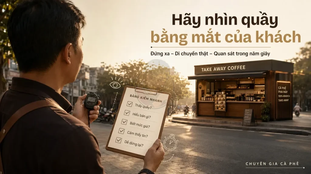 Bài kiểm tra năm giây đánh giá mặt tiền quán cà phê Take Away.