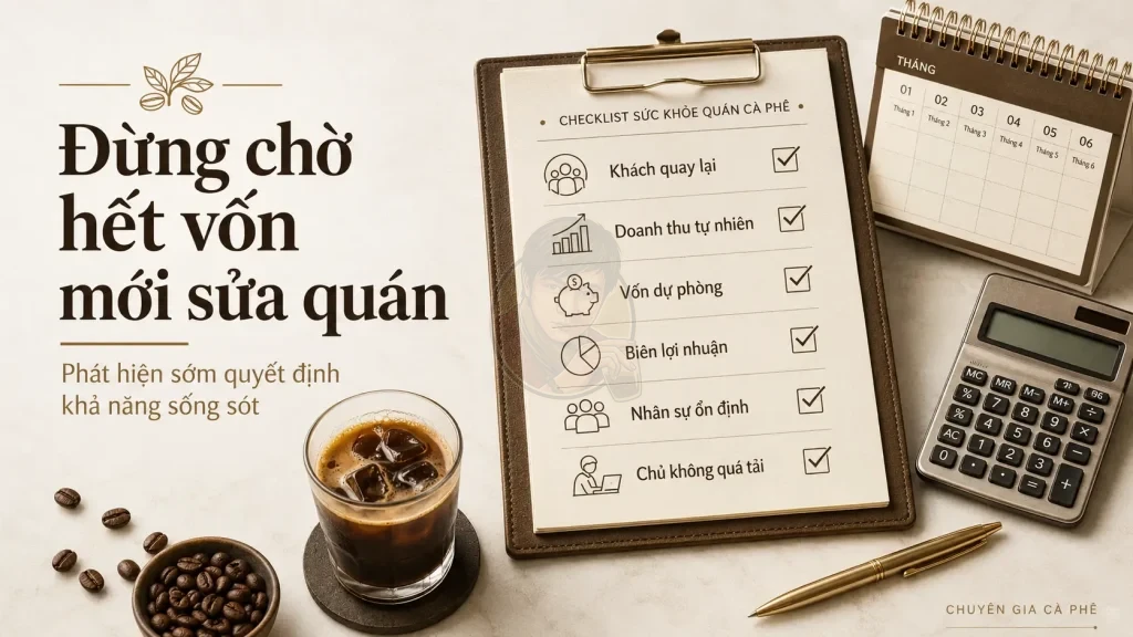 Checklist đánh giá quán cà phê trong 6 tháng đầu gồm khách quay lại, dòng tiền, lợi nhuận và nhân sự.