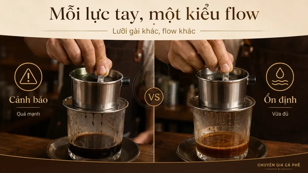 Lực gài nắp phin khác nhau làm flow cà phê phin không ổn định.