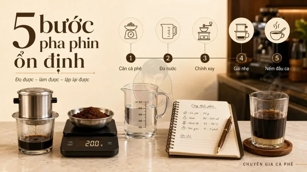 Quy trình pha phin ổn định cho quán cà phê Việt Nam.