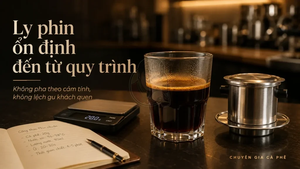 Quy trình pha phin ổn định giúp quán cà phê giữ chất lượng đồng đều.
