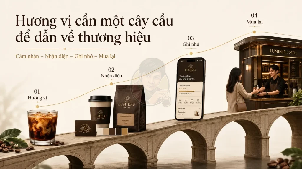 Chuỗi liên kết giữa hương vị, nhận diện thương hiệu và hành vi mua lại cà phê.