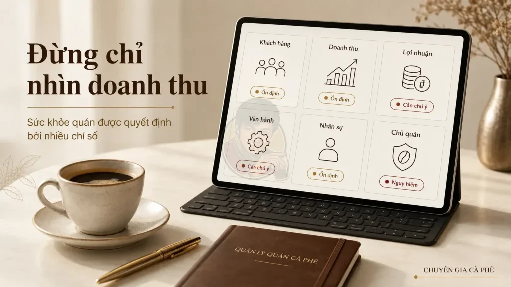 Dashboard cảnh báo sớm giúp nhận diện quán cà phê kinh doanh yếu qua khách hàng, lợi nhuận, vận hành và nhân sự.