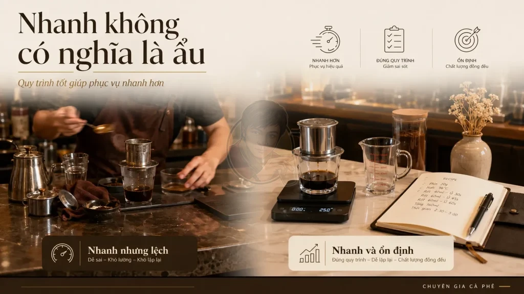 Tối ưu quy trình pha phin giúp phục vụ nhanh nhưng vẫn giữ chất lượng cà phê.