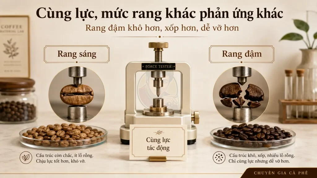 Hạt cà phê rang đậm dễ vỡ hơn hạt rang sáng khi chịu cùng một lực bẻ.