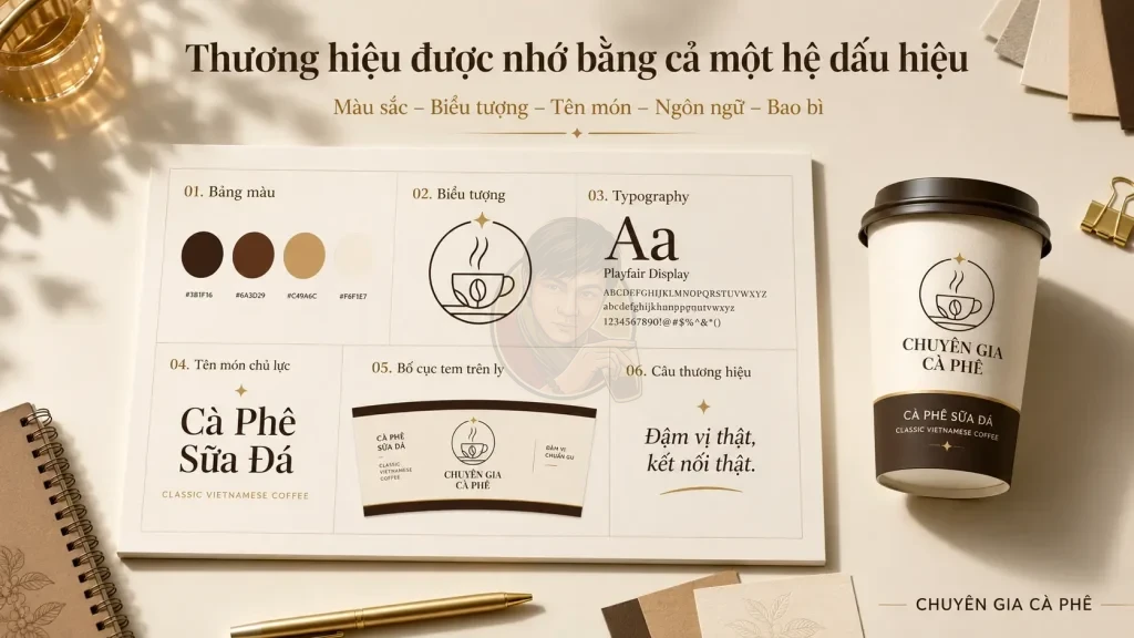 Hệ thống dấu hiệu nhận diện giúp khách ghi nhớ thương hiệu quán cà phê Take Away.