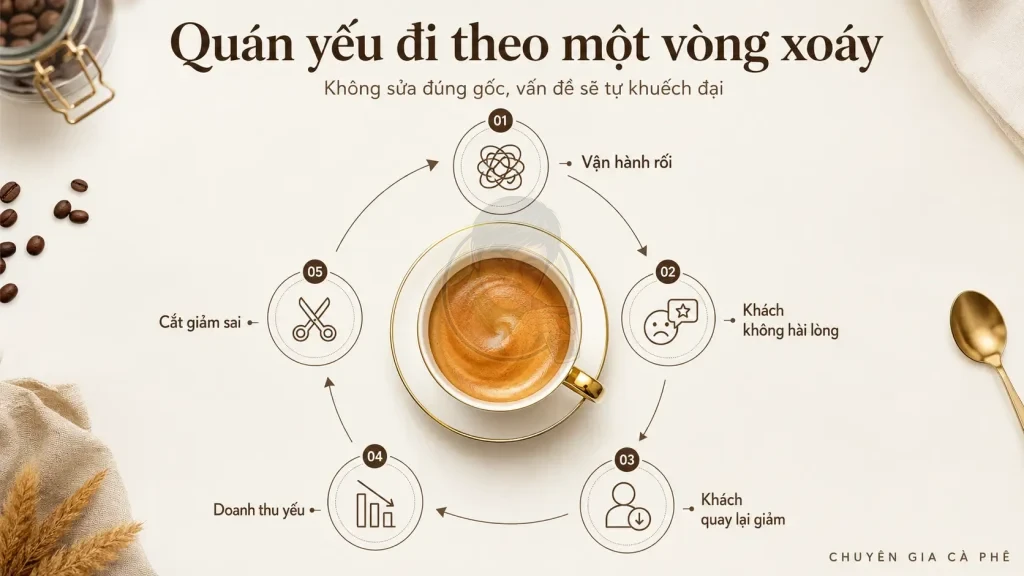 Vòng xoáy suy giảm của quán cà phê từ vận hành rối đến khách giảm, doanh thu yếu và cắt giảm sai.