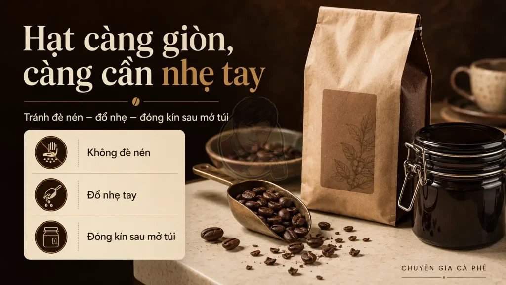 Bảo quản và vận chuyển hạt cà phê rang đậm dễ vỡ cần tránh đè nén và thao tác mạnh.