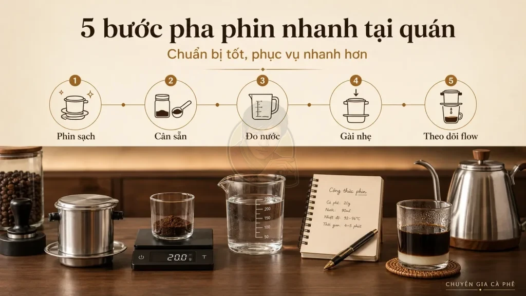 Quy trình 5 bước pha phin nhanh nhưng vẫn ngon trong quán cà phê.
