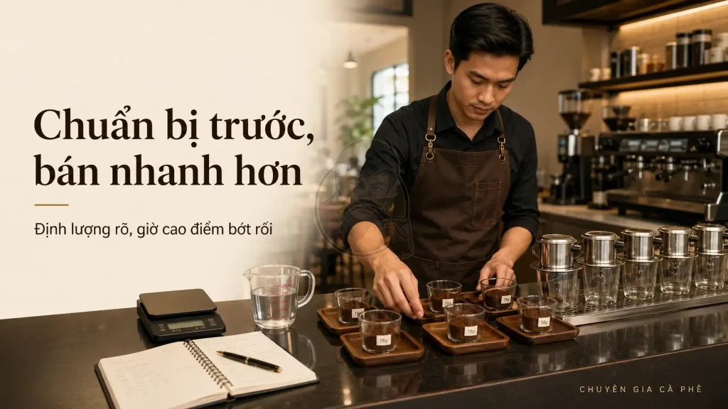Chuẩn bị định lượng cà phê trước giờ cao điểm để pha phin nhanh hơn.