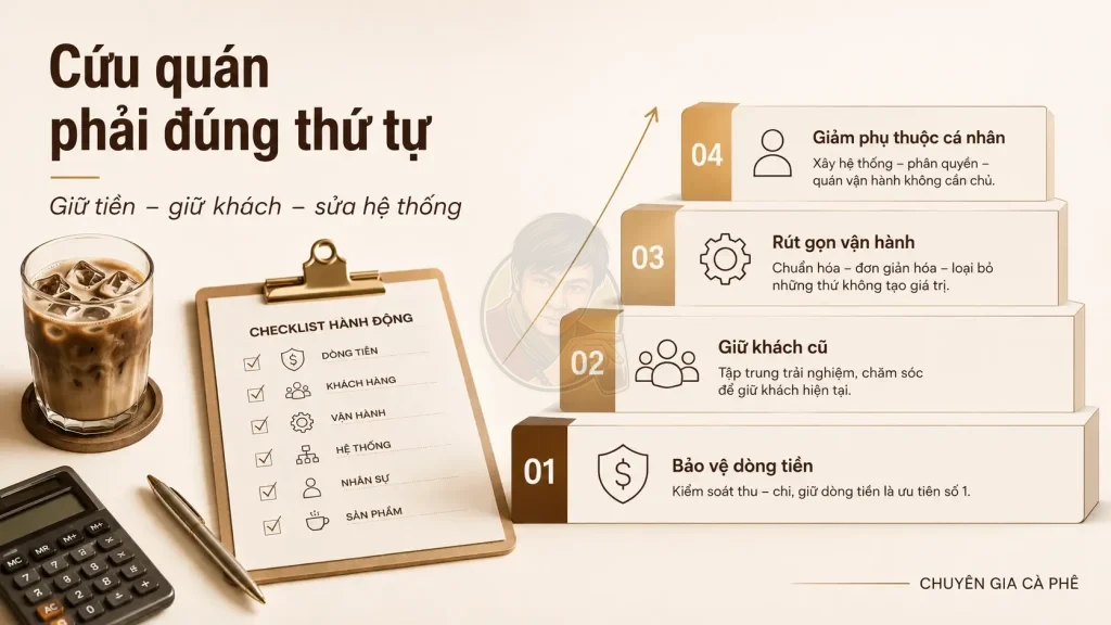 Thứ tự cứu quán cà phê gồm bảo vệ dòng tiền, giữ khách cũ, rút gọn vận hành và giảm phụ thuộc cá nhân.