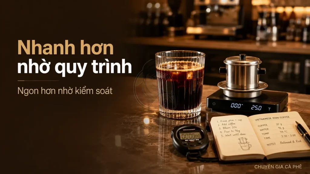 Quy trình tốt giúp pha phin nhanh hơn và giữ cà phê ngon ổn định.